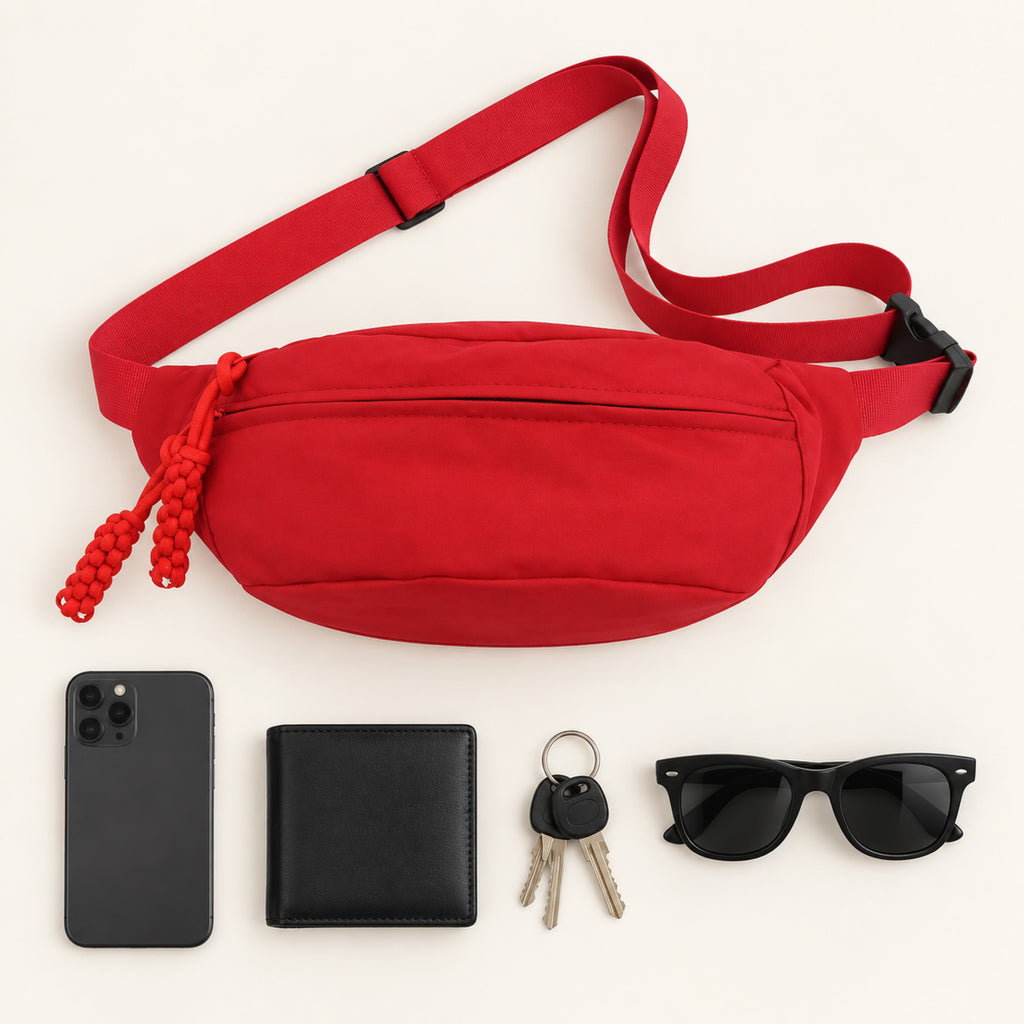 Arc Kırmızı Bel Çantası günlük eşyalarla flat lay görünümü - UMBRIQE
