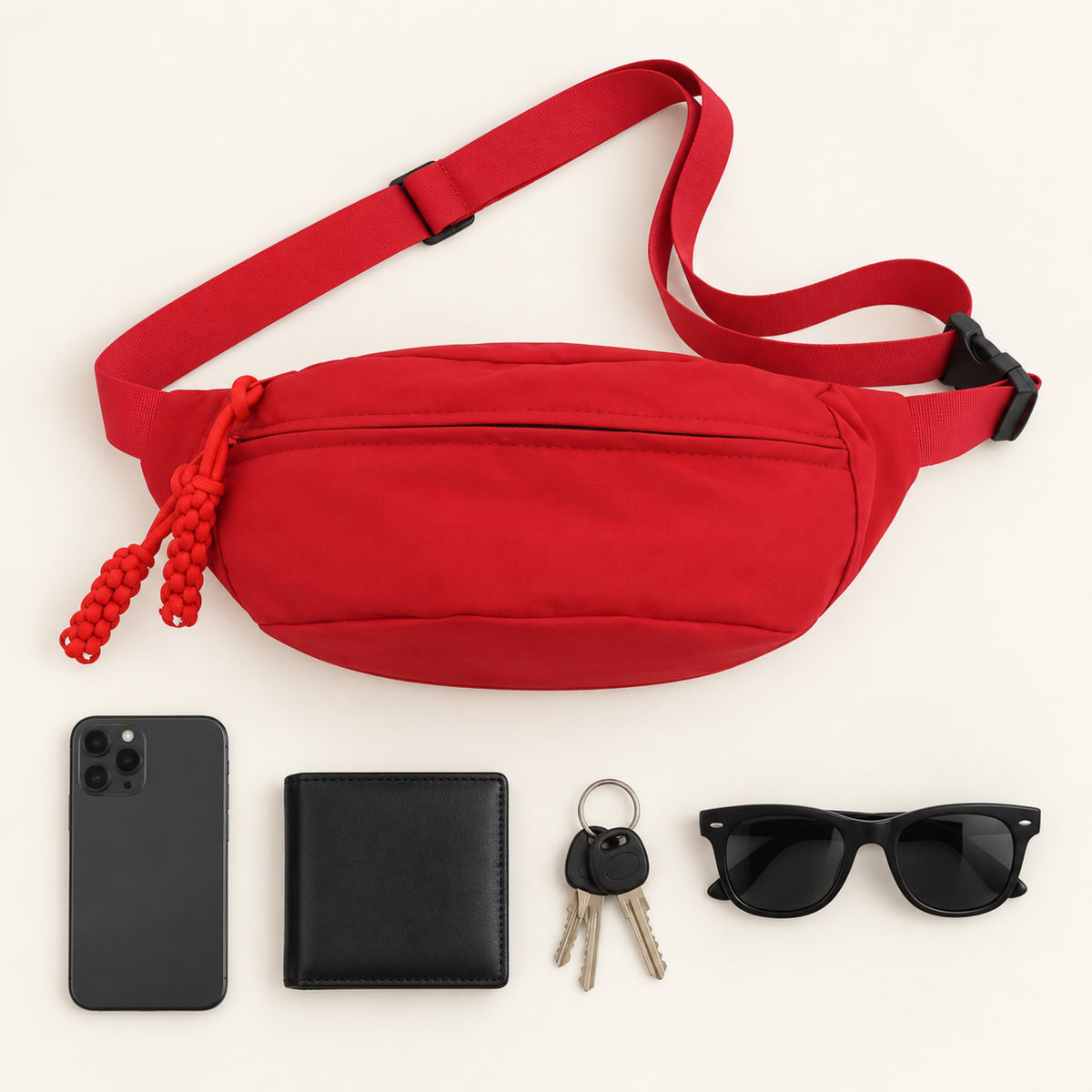 Arc Kırmızı Bel Çantası günlük eşyalarla flat lay görünümü - UMBRIQE