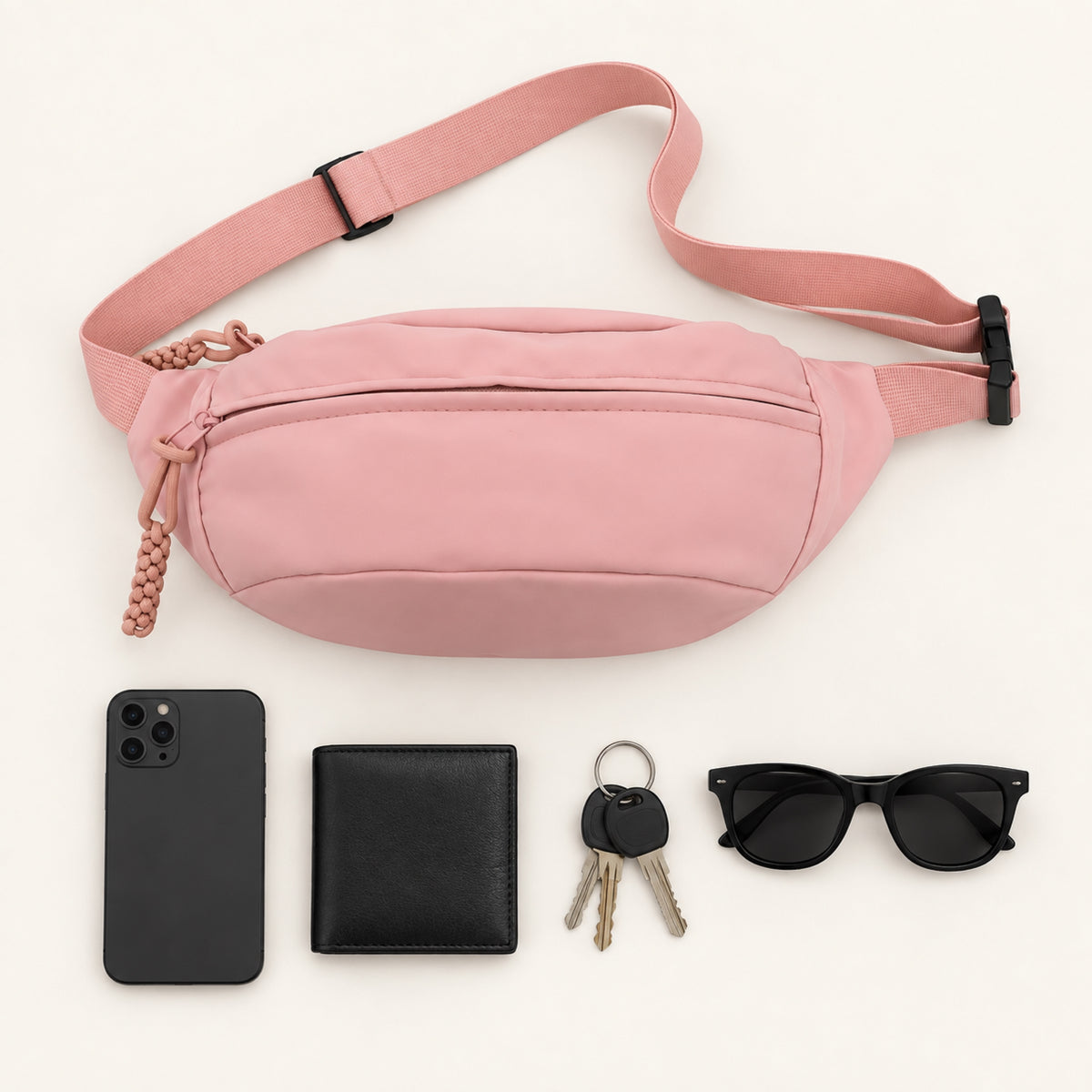 Arc Pembe Bel Çantası günlük eşyalarla flat lay görünümü - UMBRIQE