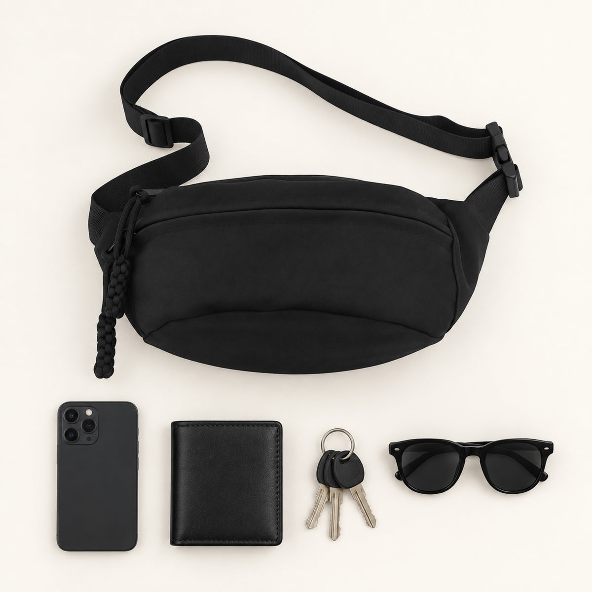 Arc Siyah Bel Çantası günlük eşyalarla flat lay görünümü - UMBRIQE